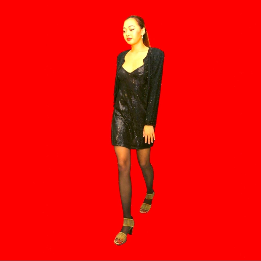 Size XS-S Classic Black Sequined Front Jersey Back Short Dress